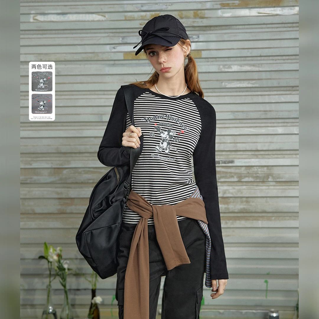 长袖T恤24年秋款美式复古可爱米奇印花条纹撞色修身