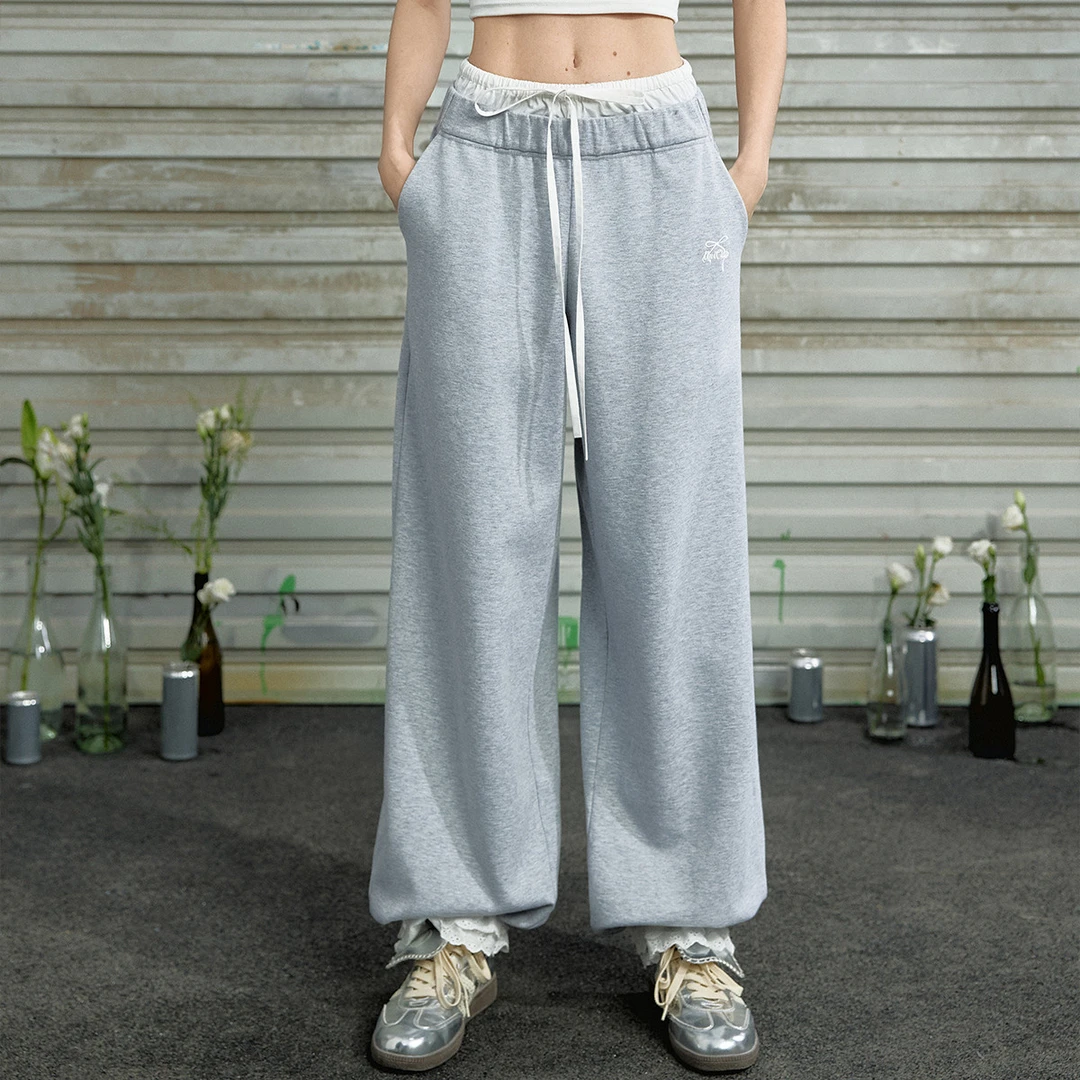 unifree减龄宽松休闲裤运动风拼接花边慵懒舒适高腰休闲百搭潮流