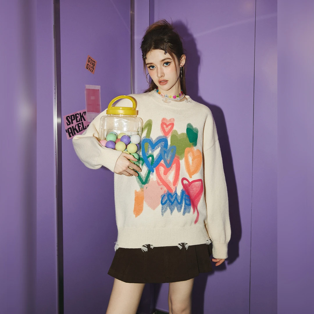 UNIFREE慵懒风毛衣美式复古彩色爱心秋冬宽松韩系套头破洞针织衫