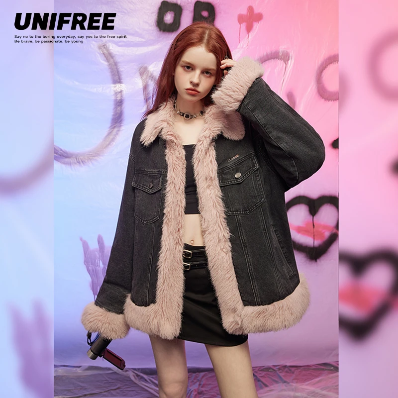 UNIFREE牛仔夹棉外套新款毛毛拼接高级感炸街加厚小众羊羔毛上衣