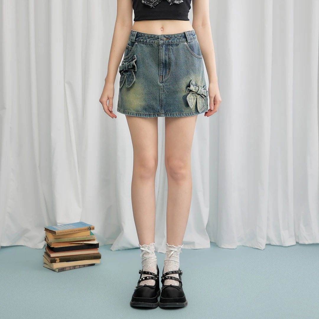 水洗直筒牛仔半身裙甜酷辣妹风蝴蝶结装饰高腰百搭