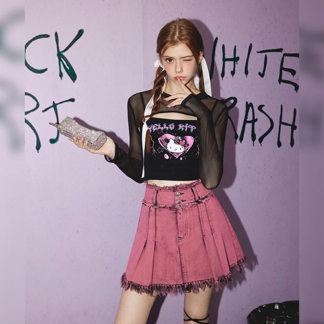 UNIFREE长袖T恤假两件甜酷辣妹网纱短款上衣