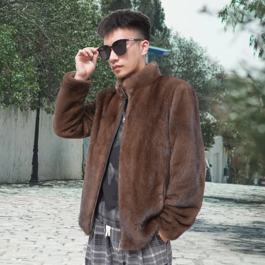 貂皮外套男咖啡正肩高档水貂夹克真貂整貂外套本色咖啡貂皮大衣男