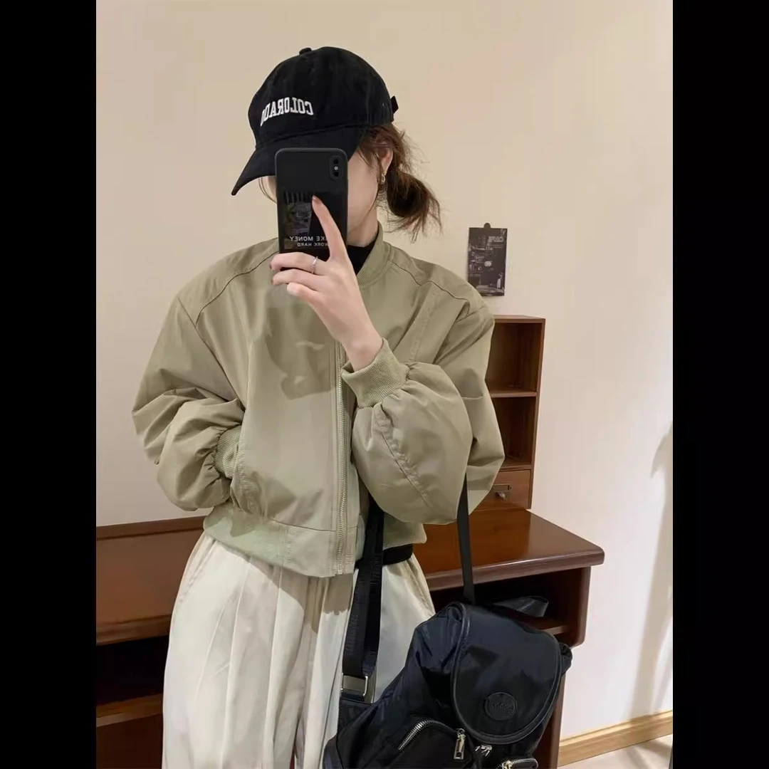 宽松显高短款帅气棒球服女2025秋季新款灯笼袖圆领休闲夹克外套女