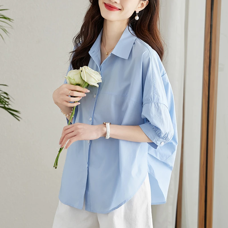 宽松显瘦别致中袖白衬衫女2025春装新款韩版时尚女士棉衬衣防晒衫