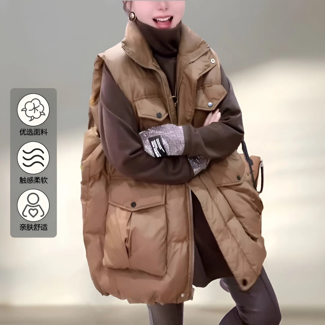 欧货时尚叠穿马甲女秋冬新款中长款宽松加厚高级感棉衣背心外套潮