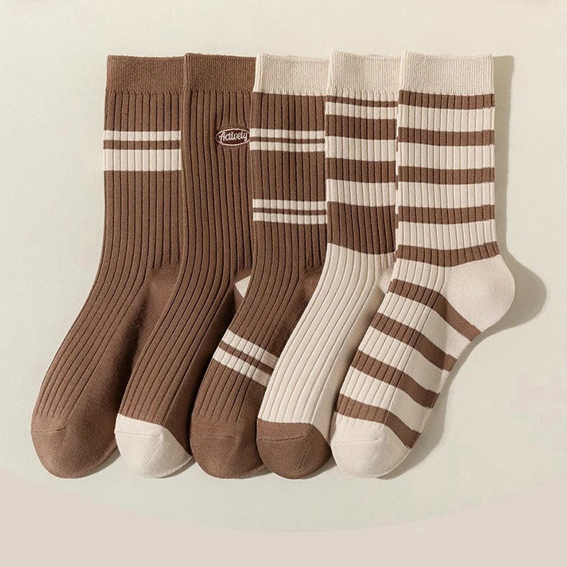 秋冬袜子女款2024新款美拉德系女士袜子韩版简约网红款条纹中筒袜