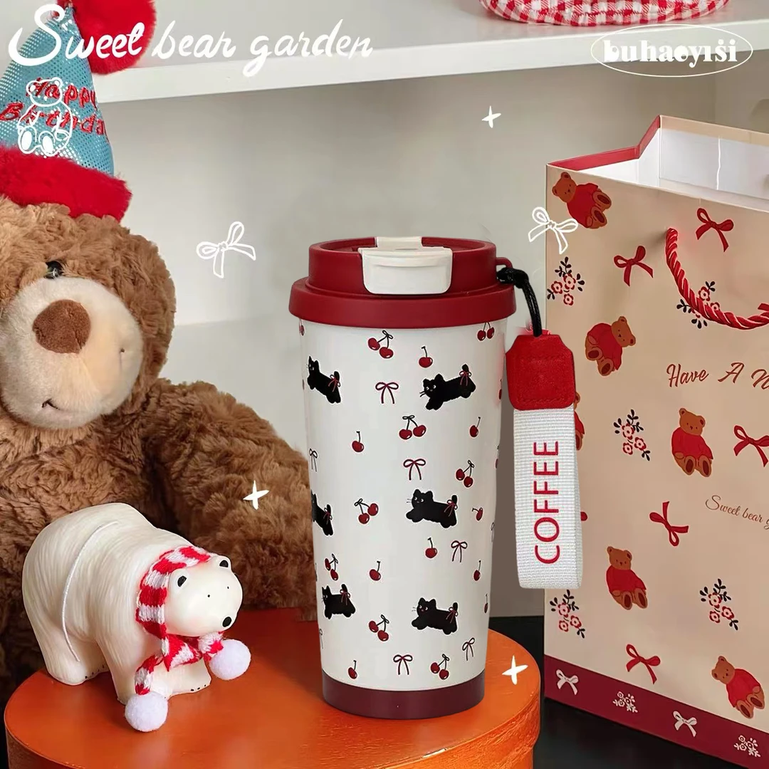 高颜值圣诞礼物可爱樱桃小猫316保温杯便携双饮咖啡杯