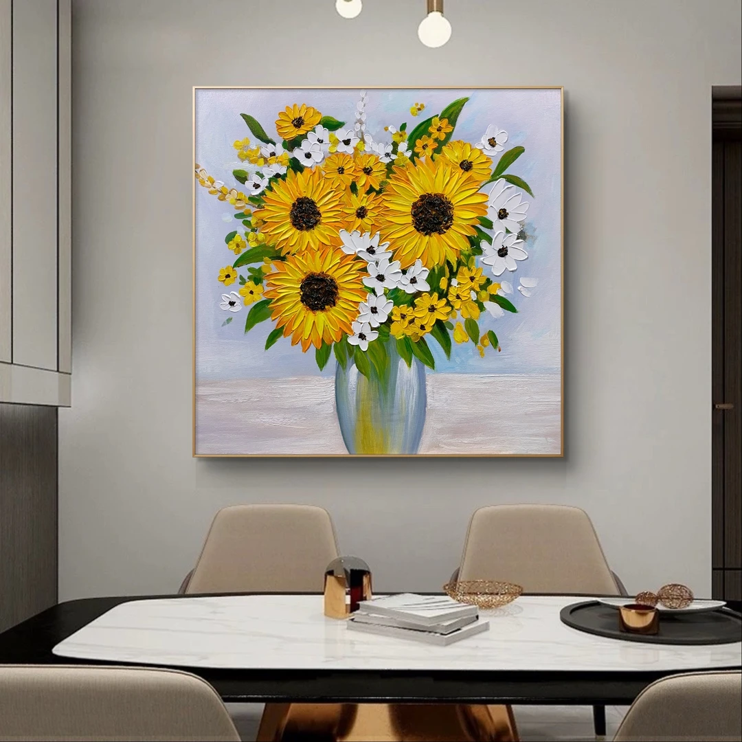 纯手绘油画《向日葵》客厅餐厅走廊床头挂画现代装饰画温馨治愈美好