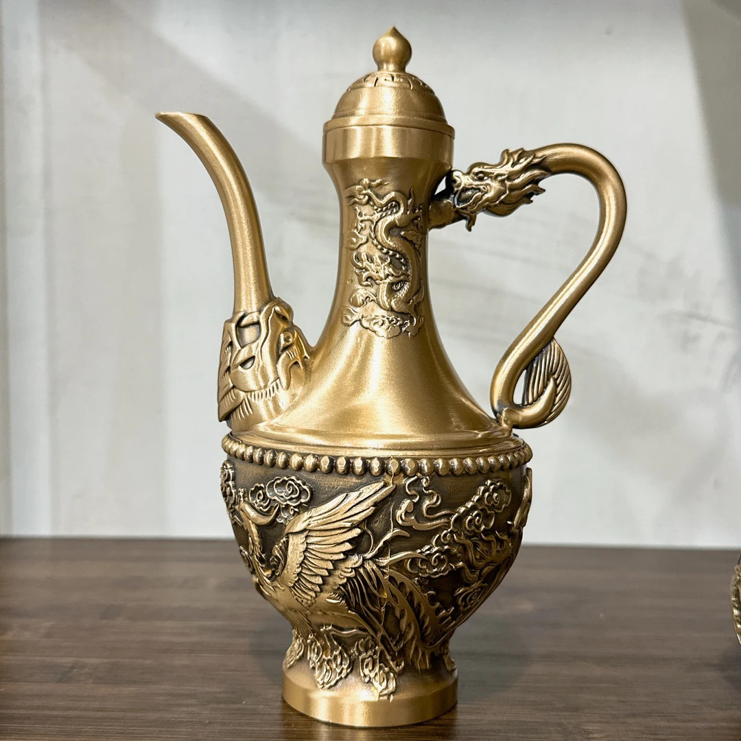 T【龙凤酒壶】铜制仿古龙凤雕刻酒壶家用桌面摆件