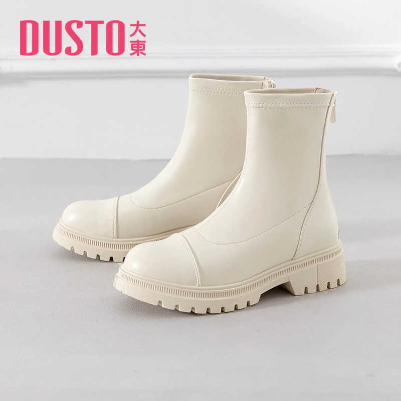 大东女靴2023新款冬季黑色中跟简约车缝线后拉链粗跟短靴时尚女鞋