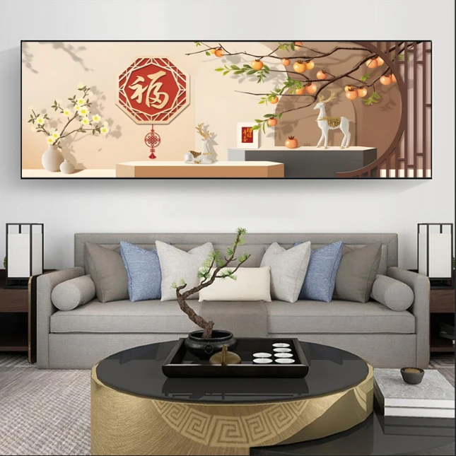 事事如意柿子福字沙发背景挂画晶钻烤瓷面铝合金边框客厅玄关画