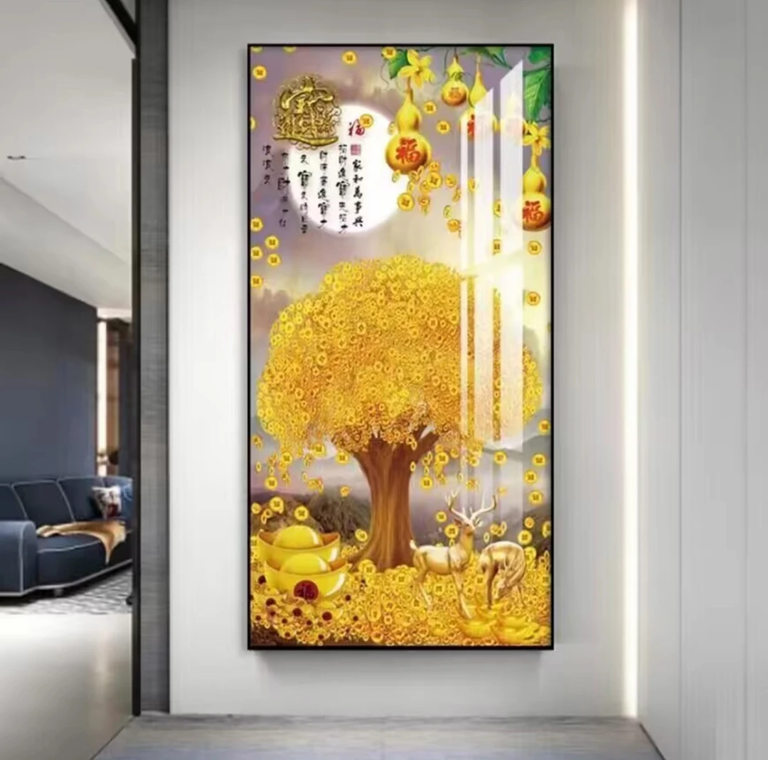 黄金发财树黄金满地晶瓷画进门玄关装饰画灯光画