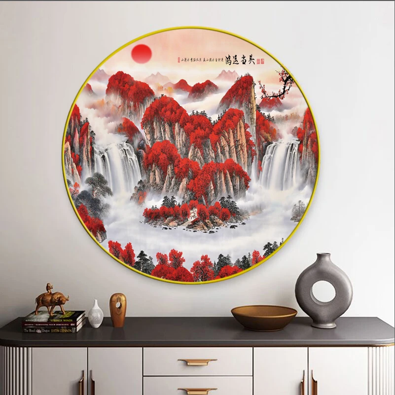 鸿运当头圆形玄关过道进门走廊烤瓷面铝合金边框客厅玄关画