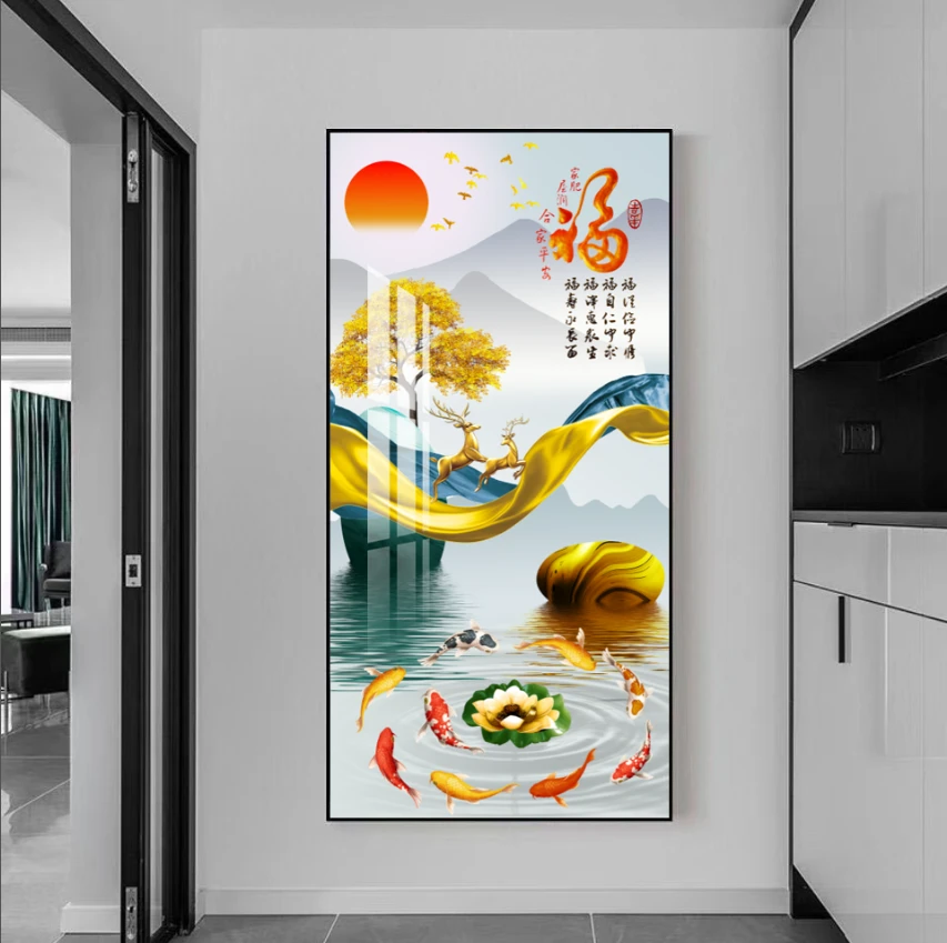 福字九鱼图事业有成福到家玄关过道烤瓷面铝合金边框客厅发光画
