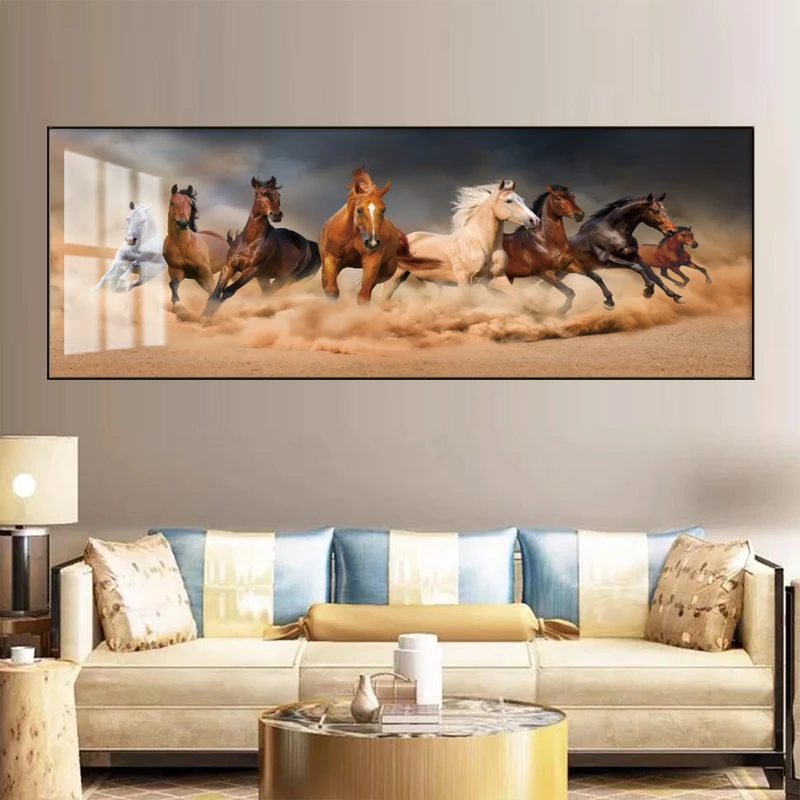 【八骏图】沙发背景挂画晶瓷晶钻烤瓷面铝合金边框客厅玄关画