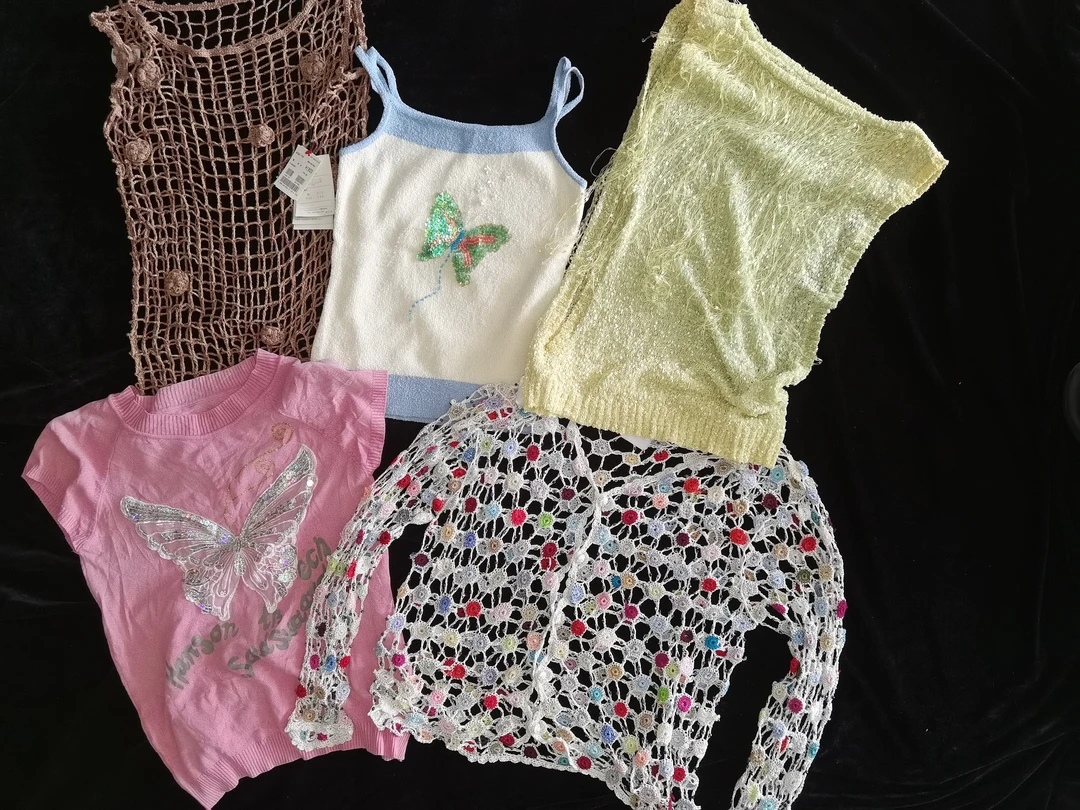 马哈哈古着vintage千禧辣妹风上衣吊带背心打底针织蕾丝短袖时尚