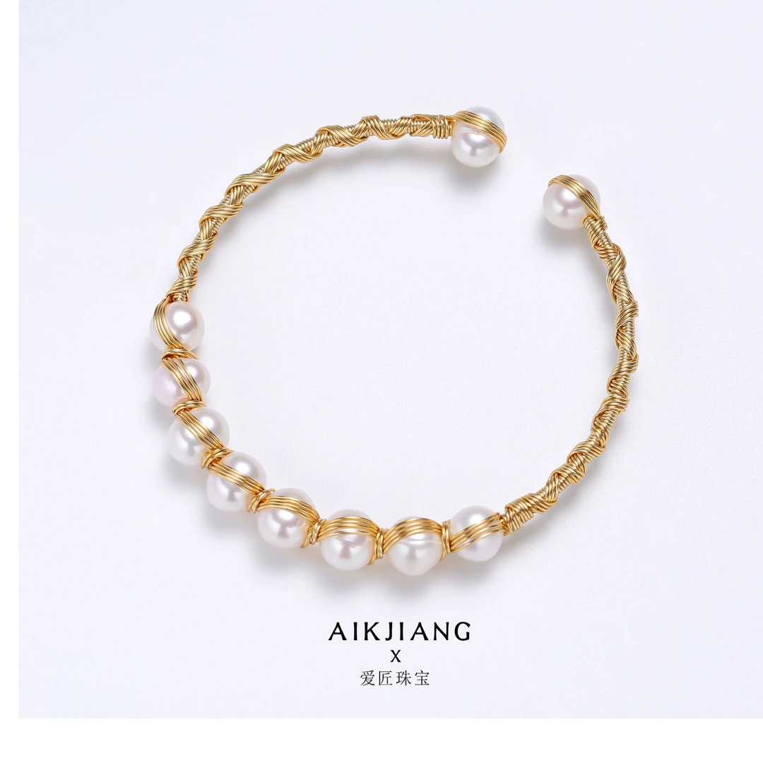 AIKJIANG/爱匠淡水珍珠白色手工编织绕线珍珠手镯可调节简约微瑕W