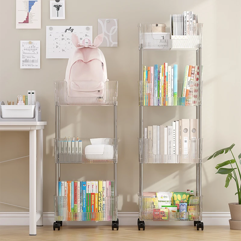 亚克力桌边书架大间距书桌置物架多层书本收纳架可移动家用小推车