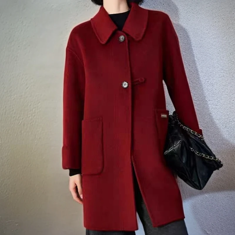 新款双面绒 中长款韩版 高级感 落肩羊毛纯色秋冬时尚外套