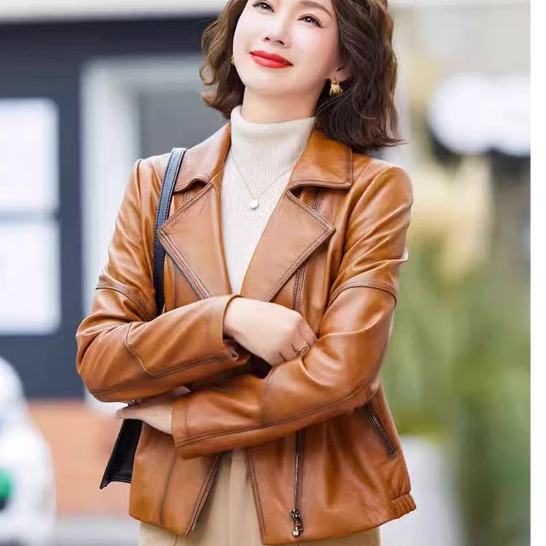 女式绵羊皮韩版皮夹克时尚短款百搭真皮外套