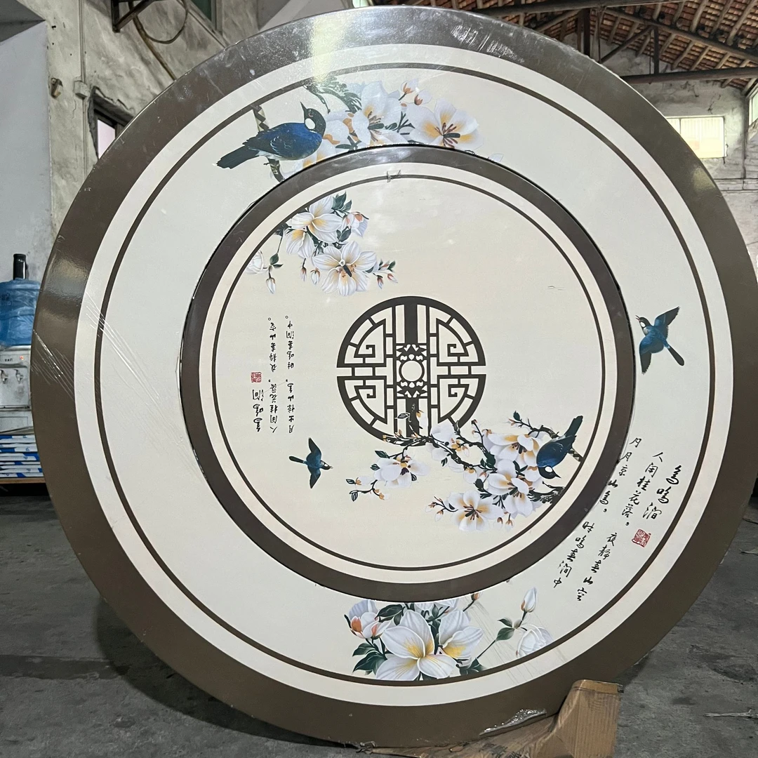特厚不锈钢内置转盘圆桌家用新中式国风嵌入式旋转彩图圆桌