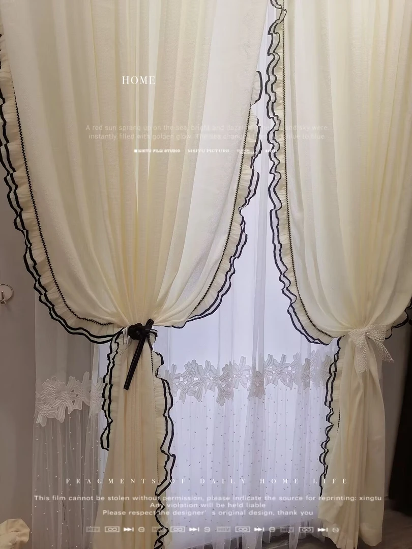 奶油风高端美式客厅法式卧室轻奢不透人遮光布艺窗帘上门安装135