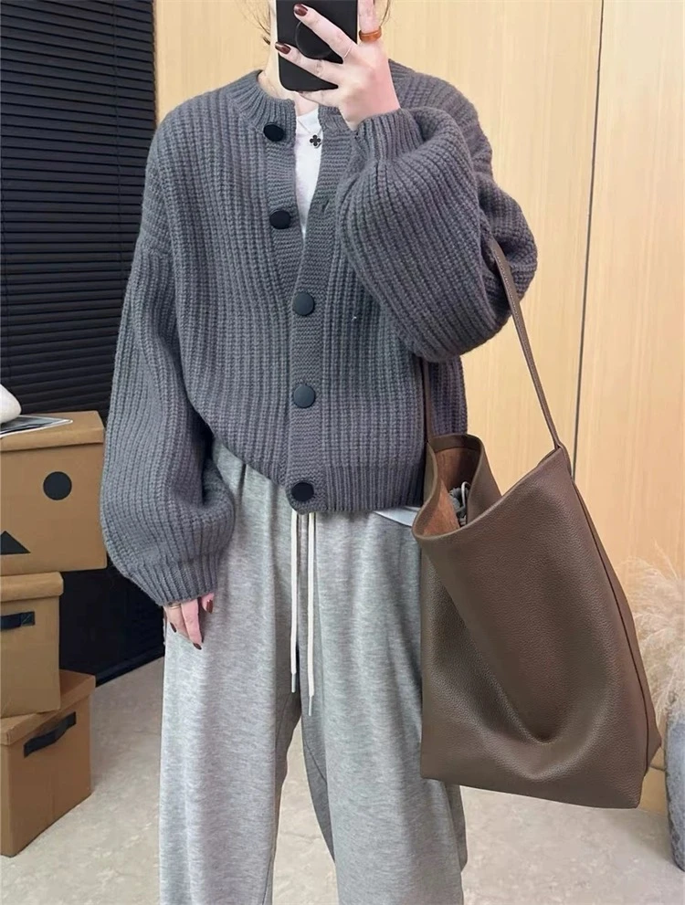 ONE 2024欧洲站粗线全羊毛针织开衫秋冬加厚灯笼袖洋气毛衣外套