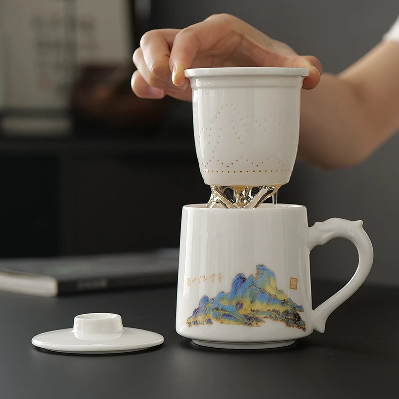 羊脂玉白瓷茶杯茶水分离个人专用杯高端马克杯大容量办公泡茶水杯