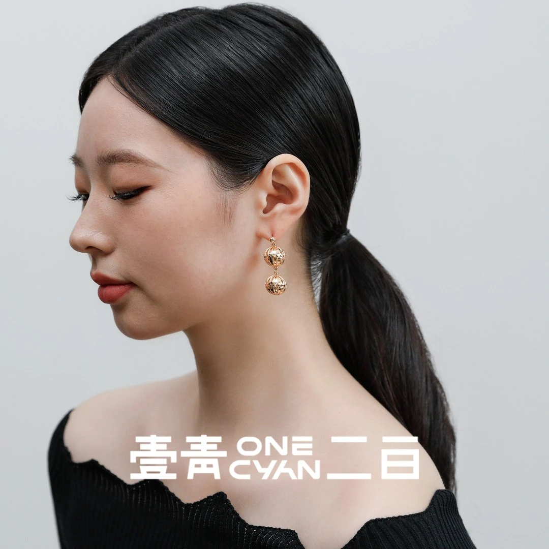 925银耳饰 《澄》复古双球金色耳钉