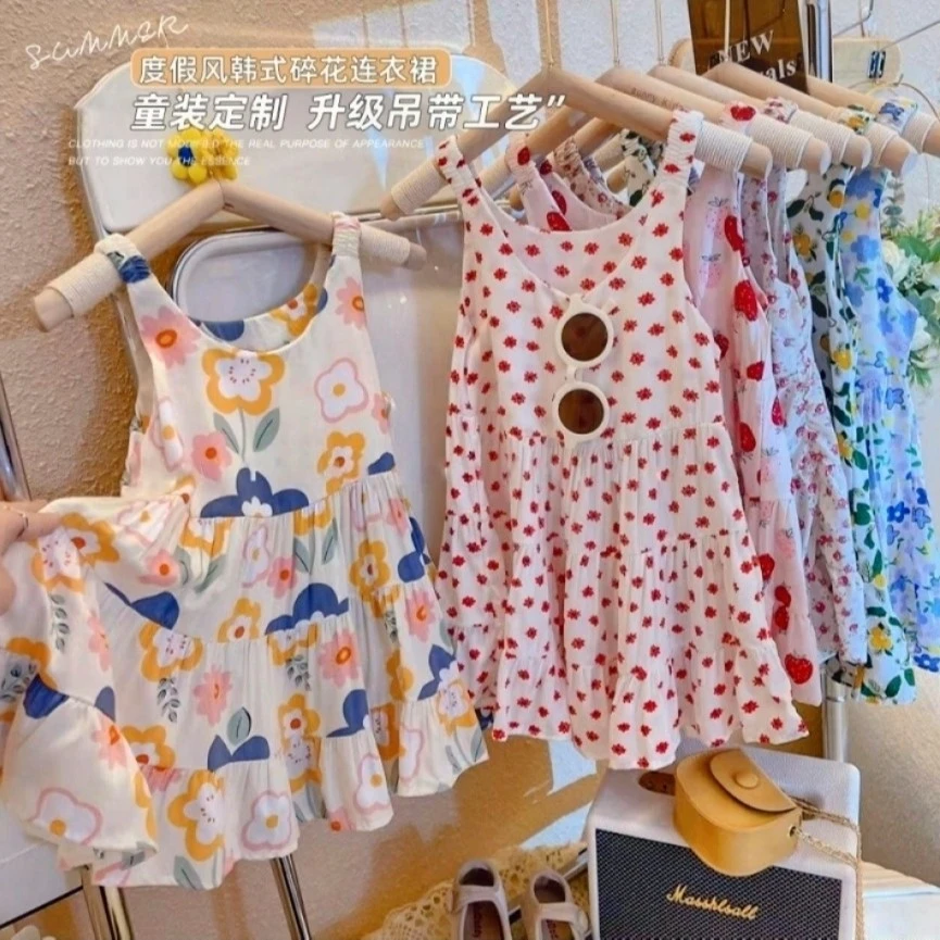 度假风宝宝夏季新款公主裙女童连衣裙儿童洋气薄款碎花吊带裙韩式