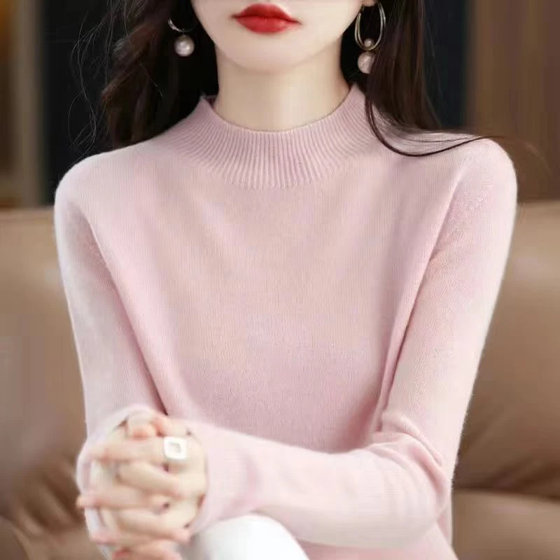 半高领针织打底衫女秋冬新款法式气质修身显瘦内搭长袖套头毛衣