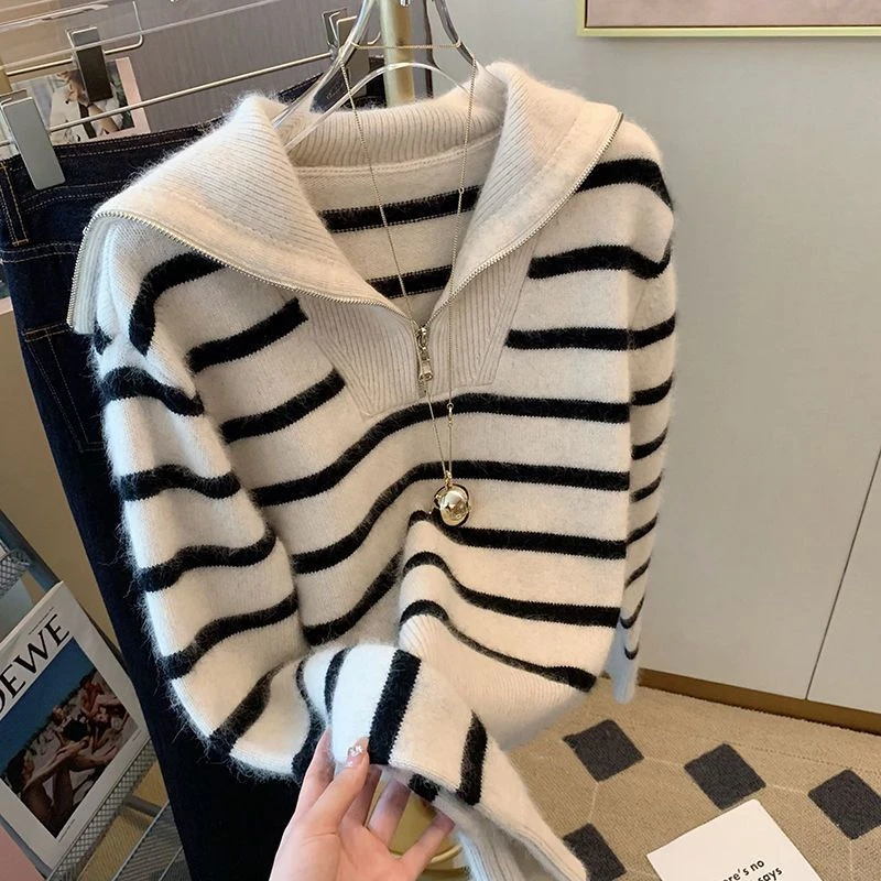 高级感小众洋气百搭秋冬外穿慵懒风拉链条纹套头毛衣外套针织衫女