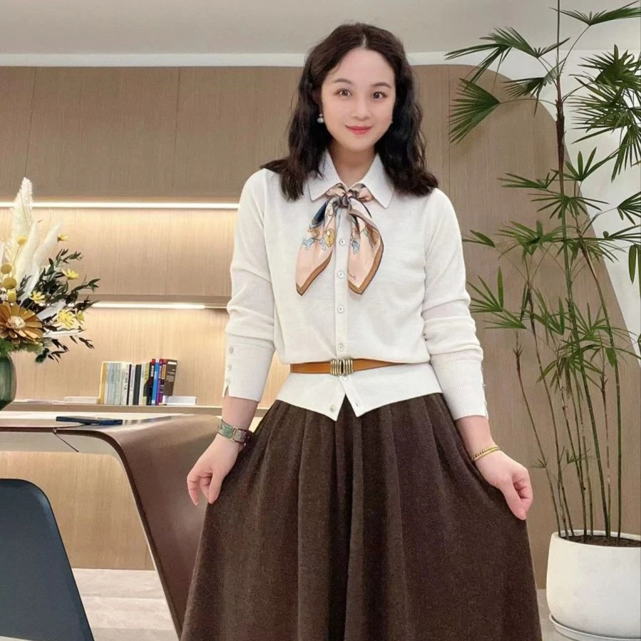 LVMU/吕木长袖翻领下摆收腰设计款羊毛衫#GT7901针织衫上衣小开衫