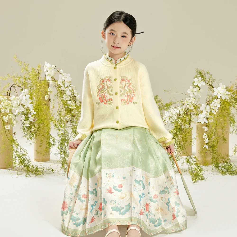 小虎帕蒂秋季新品女童新中式龙刺绣针织开衫国风衬衫马面裙三件套
