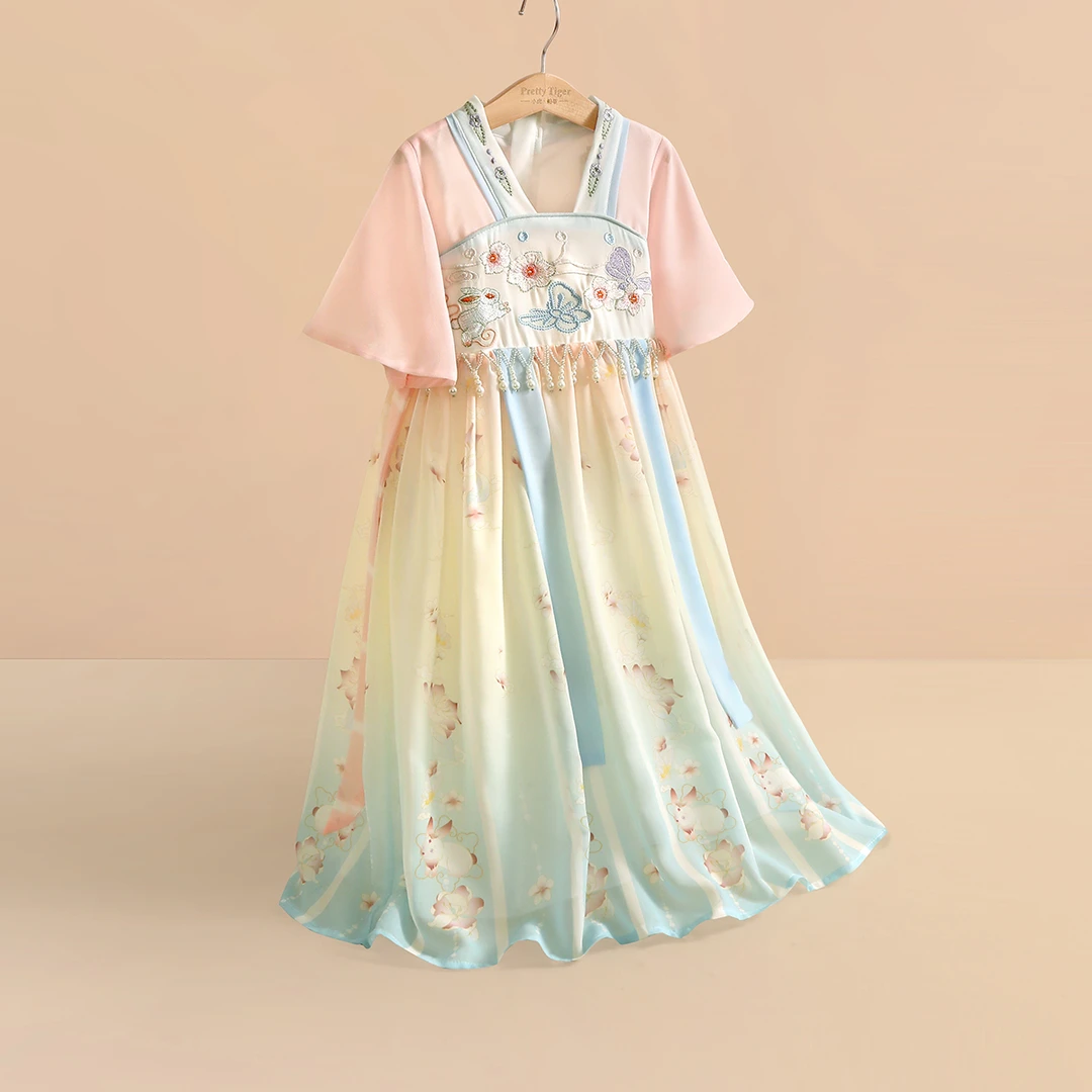 小虎帕蒂儿童古装渐变汉服裙小兔刺绣连衣裙女童夏款国风古风襦裙