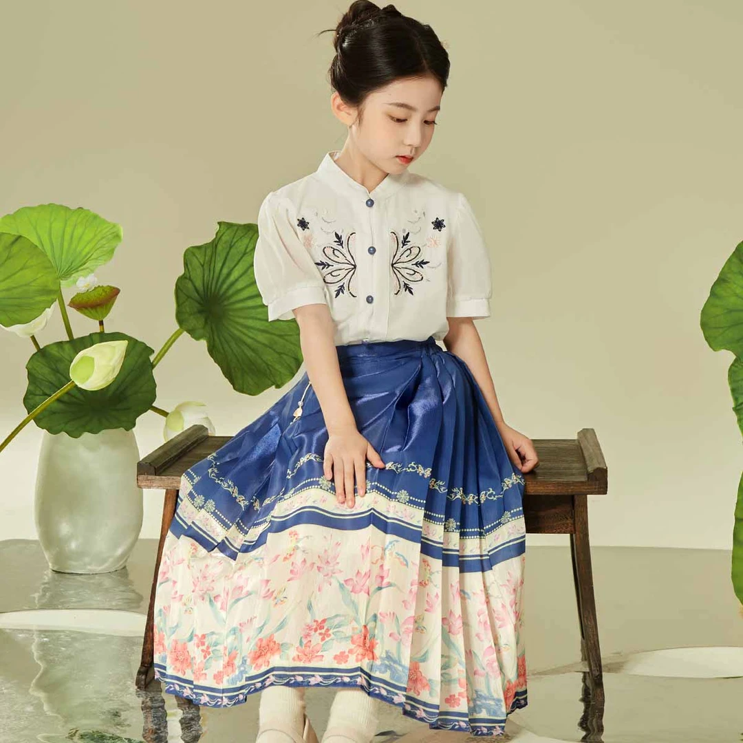 小虎帕蒂夏季新品女童中式刺绣短袖荷花国风马面裙两件套夏款汉服