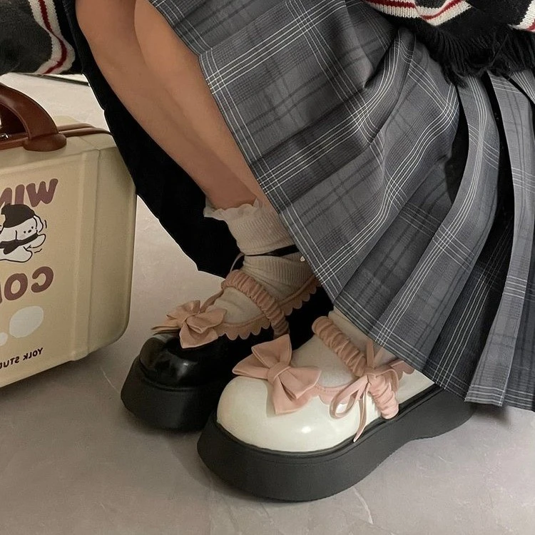 小个子甜美蝴蝶结松糕鞋女2023春季玛丽珍配裙子小皮鞋单鞋
