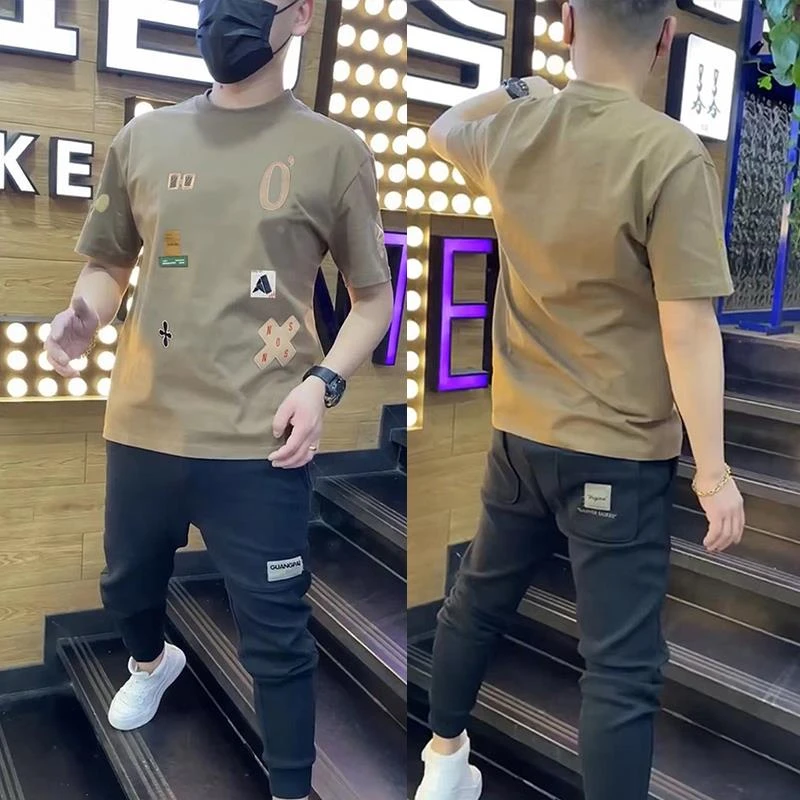 夏季新款字母贴标刺绣圆领短袖T恤男休闲痞帅撞色半袖上衣潮t