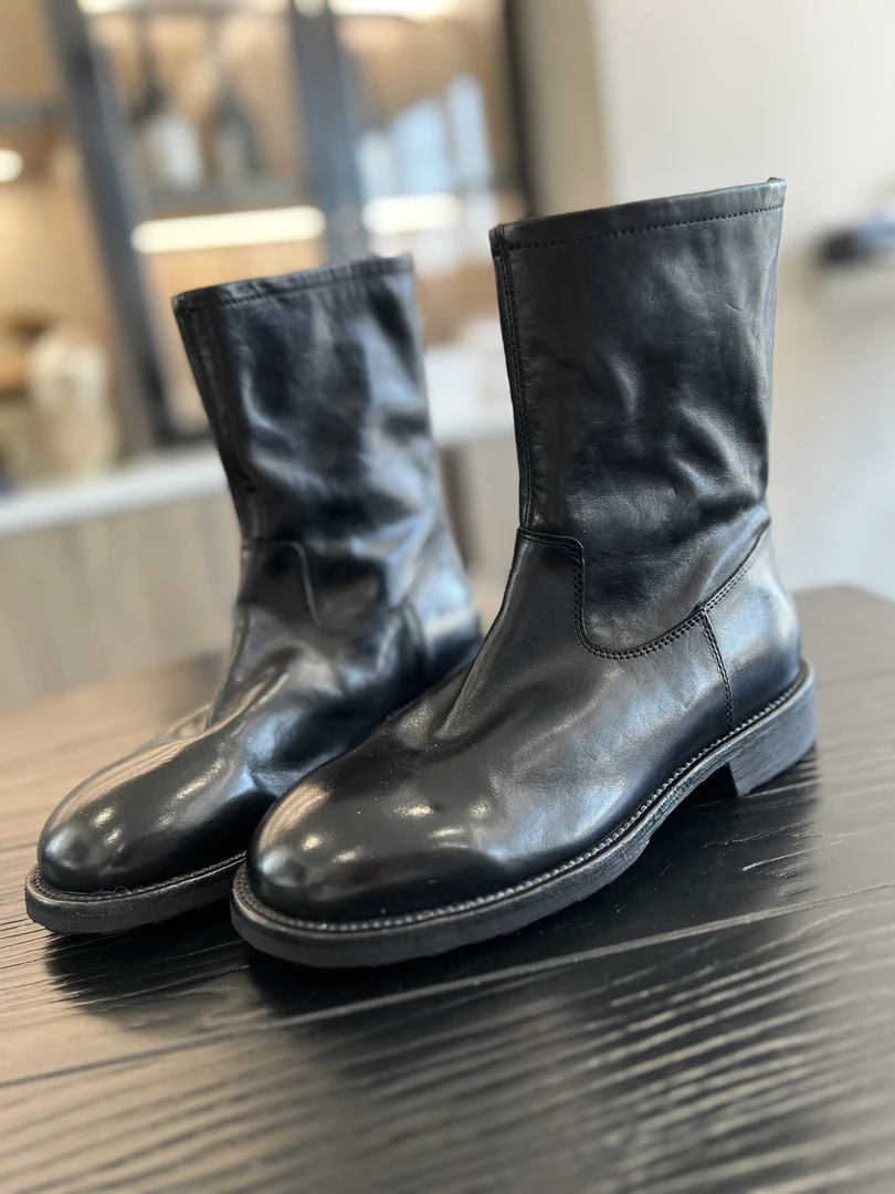 新款水洗复古真皮超舒适后拉链粗跟中筒短靴秋冬圆头黑色百搭