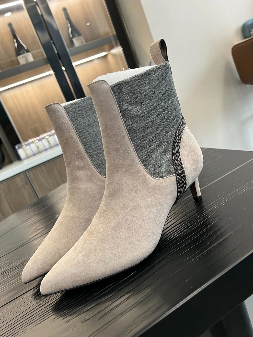 Encore Lin 意式优雅手工珠链真皮针织靴 尖头细跟小裸靴短筒靴