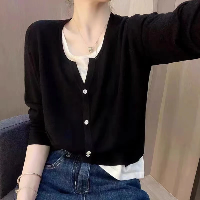 大码女装拼接假两件长袖针织衫女秋季宽松显瘦气质百搭上衣6019