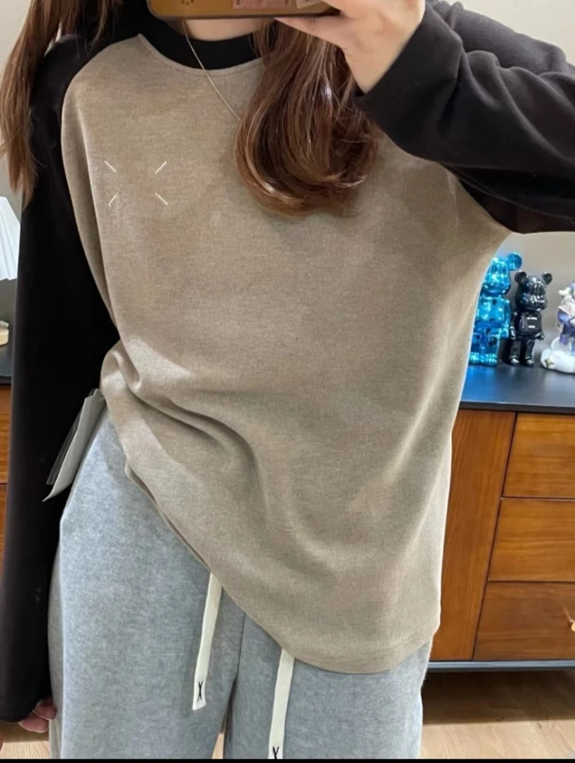 【依依1】大码显瘦小刺绣装饰奥绒正肩袖拼色包边圆领长袖T恤