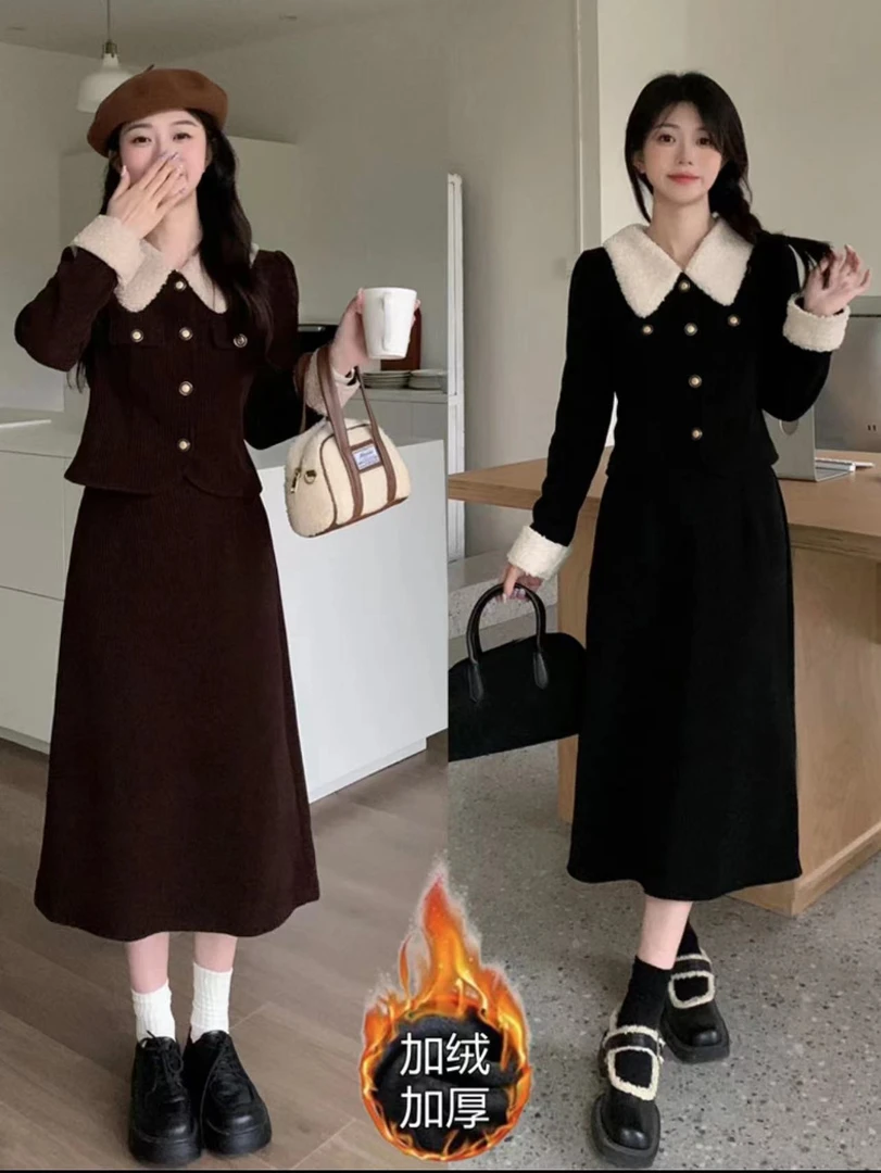 【依依2】加绒加厚大码法式小香风套装女高级胖mm显瘦半身裙两件套