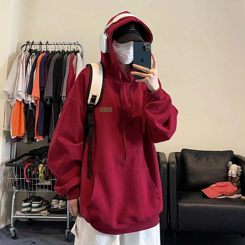 重磅贴标卫衣男连帽秋季美式潮牌酒红色加绒加厚衣服大码宽松外套