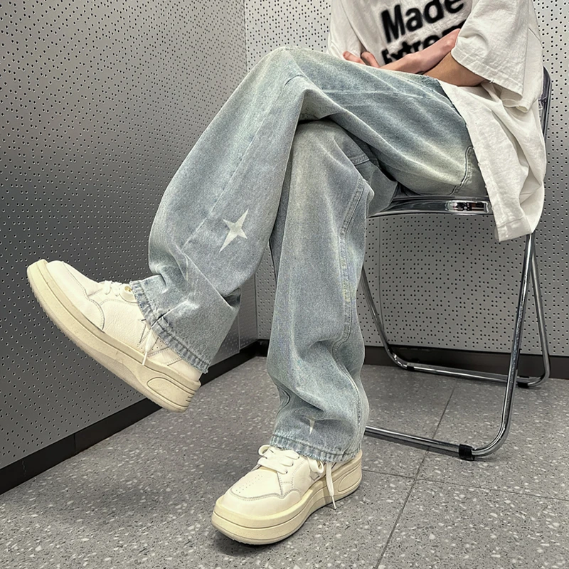 十字星印花牛仔裤男款夏季vibe高街水洗直筒裤宽松阔腿痞帅长裤子