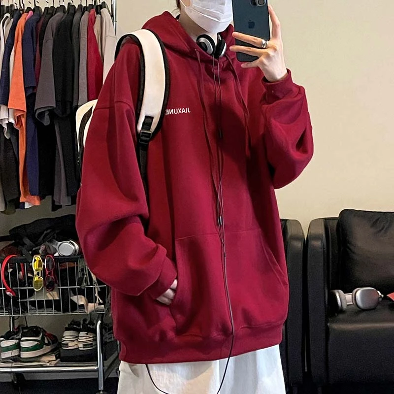 酒红色重磅卫衣男连帽秋冬季大码宽松加绒加厚上衣服美式潮牌外套