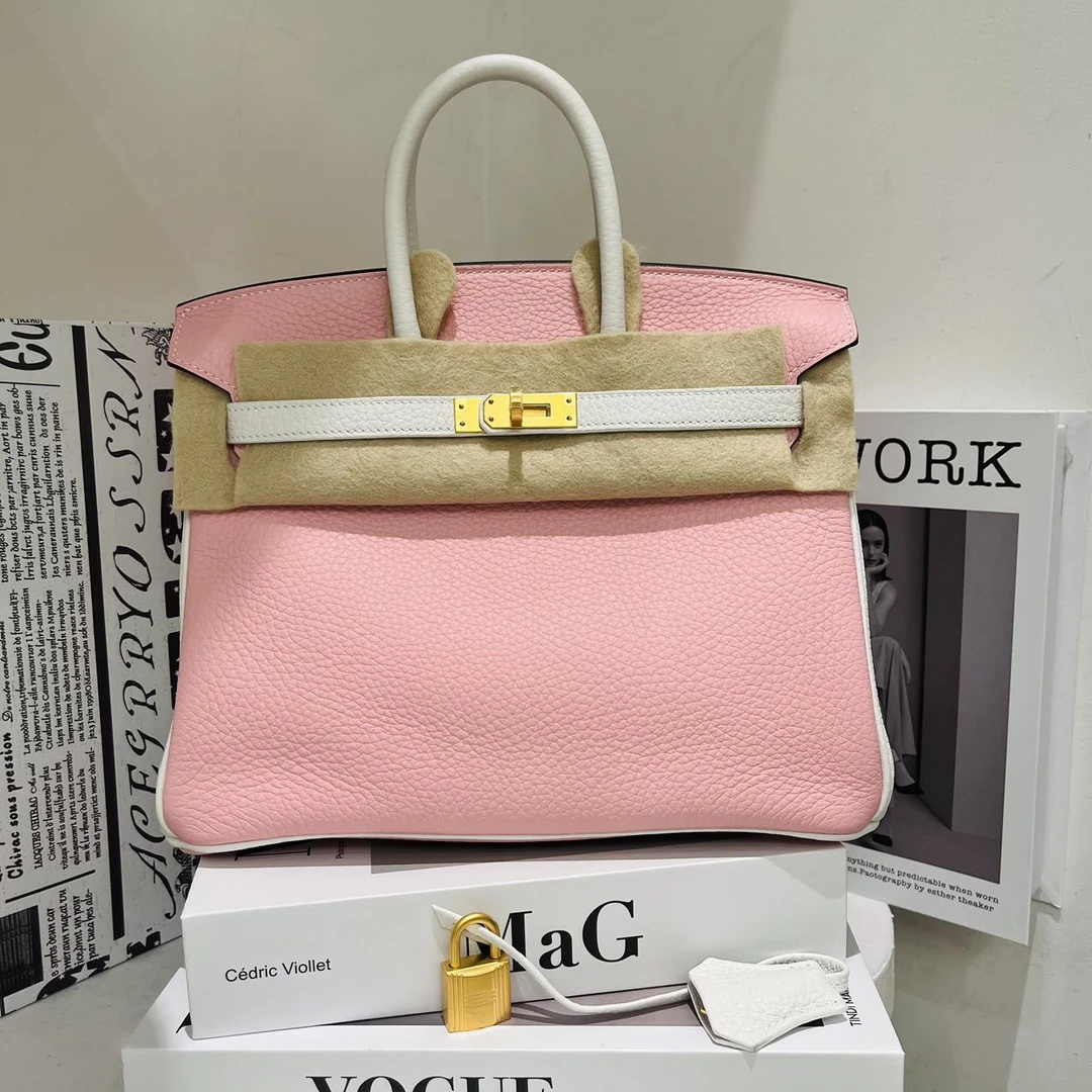 99新 Hermes birkin25 樱花粉拼奶油白togo皮拉丝金扣马蹄刻印B刻