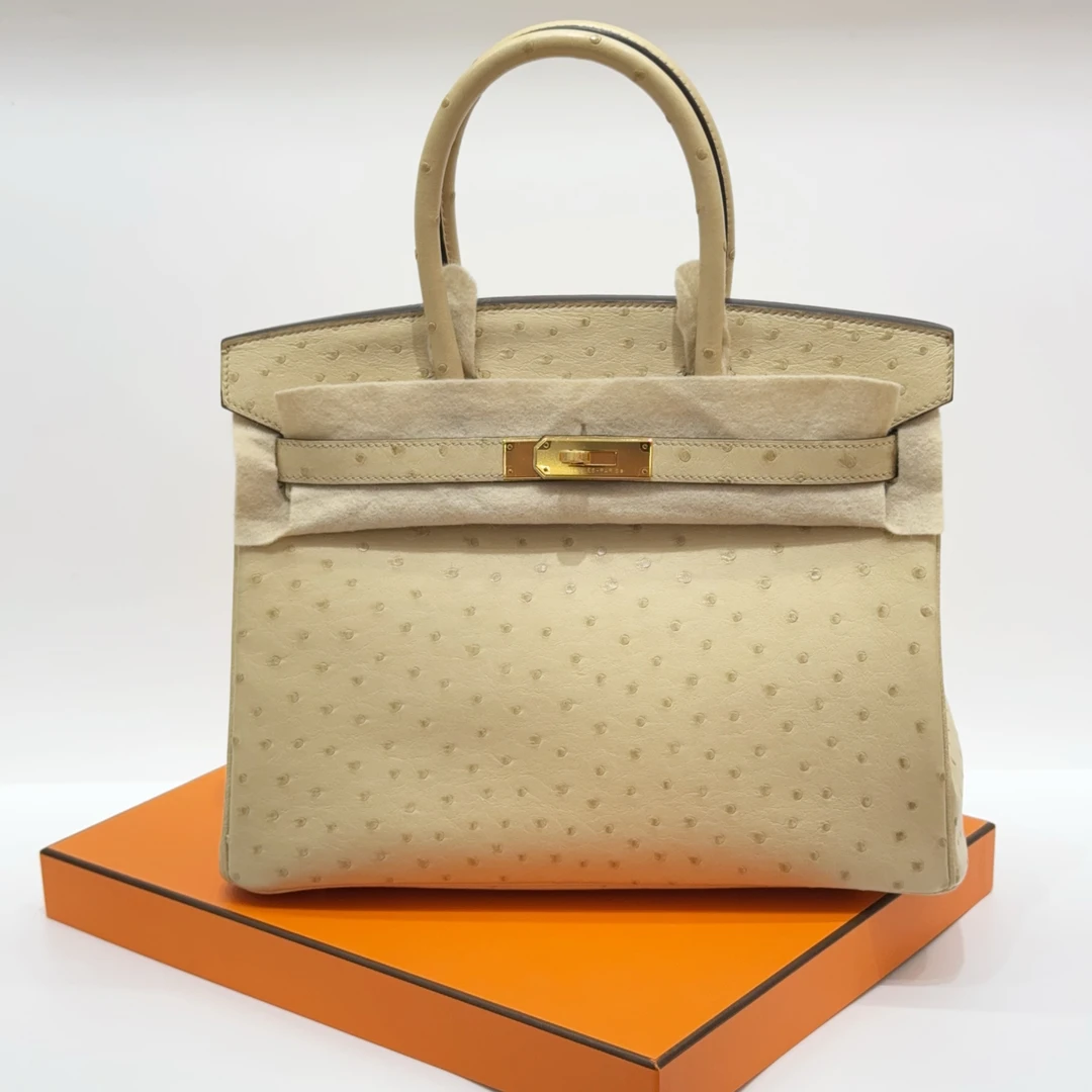 99新爱马仕 Hermes birkin30 羊毛白 金扣 鸵鸟 X刻