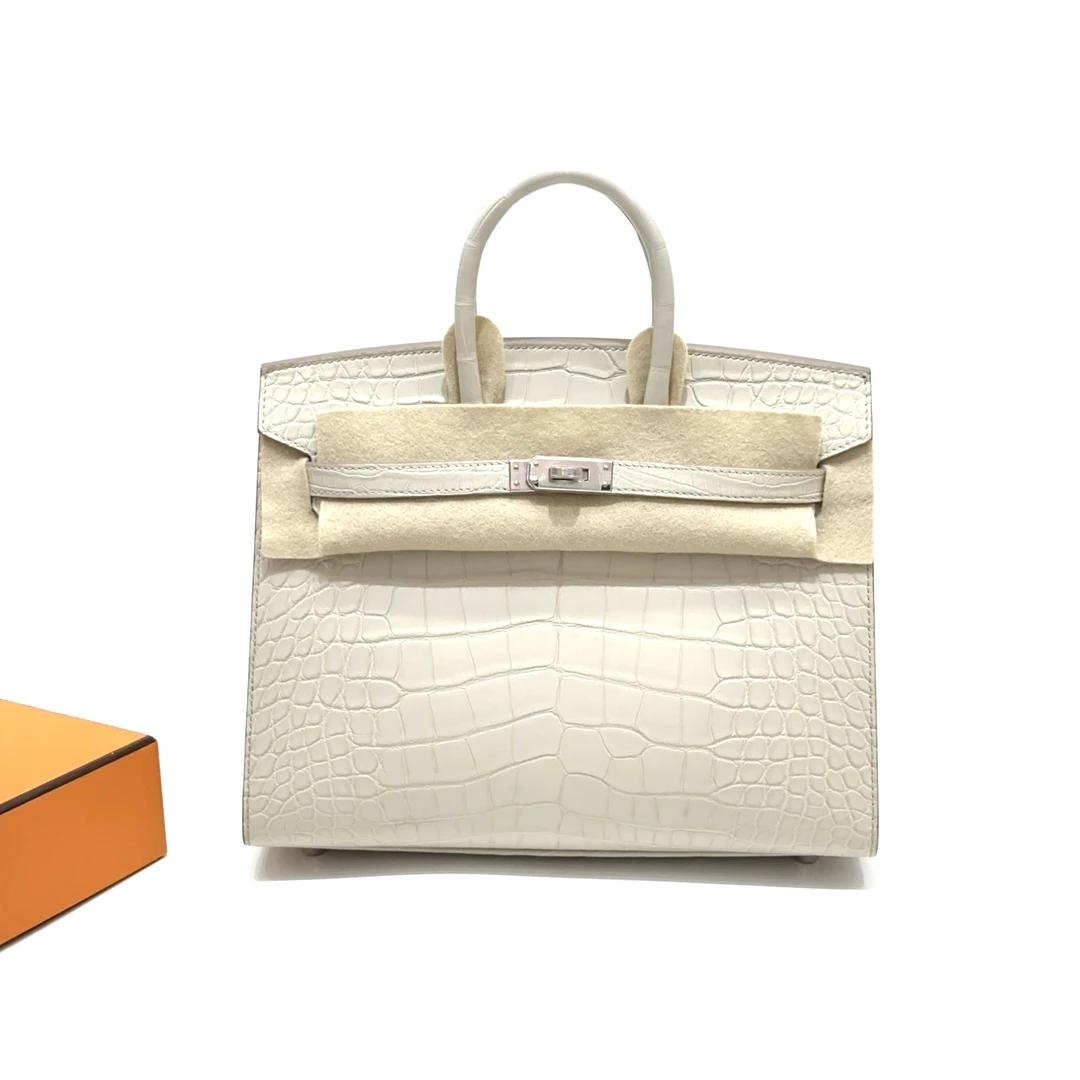 99新 爱马仕birkin25 冰川白雾面方块 B刻白色鳄鱼皮手提铂金包